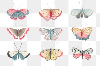 Vintage png butterfly and moth watercolor illustration set, remixed from the 18th-century artworks from the Smithsonian archive.
