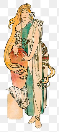 Art nouveau woman with jar png, remixed from the artworks of Alphonse Maria Mucha