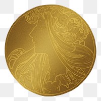 Art nouveau lady gold badge png illustration, remixed from the artworks of Alphonse Maria Mucha