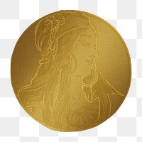 Art nouveau lady gold badge png illustration, remixed from the artworks of Alphonse Maria Mucha