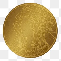 Art nouveau woman gold badge png illustration, remixed from the artworks of Alphonse Maria Mucha