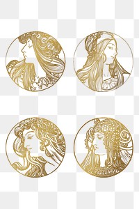 Art nouveau gold silhouette lady png illustration set, remixed from the artworks of Alphonse Maria Mucha