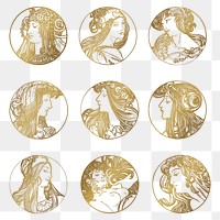 Art nouveau gold silhouette lady png illustration set, remixed from the artworks of Alphonse Maria Mucha