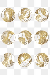 Lady art nouveau gold silhouette png illustration set, remixed from the artworks of Alphonse Maria Mucha