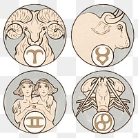 Art nouveau aries, taurus, gemini and cancer zodiac signs png, remixed from the artworks of <a href="https://www.rawpixel.com/search/Alphonse%20Maria%20Mucha?sort=curated&amp;page=1">Alphonse Maria Mucha</a>