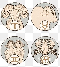 Art nouveau aries, taurus, gemini and cancer zodiac signs png, remixed from the artworks of Alphonse Maria Mucha