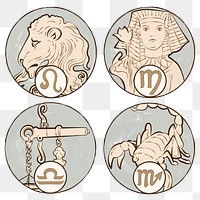 Art nouveau leo, virgo, libra and scorpio zodiac signs png, remixed from the artworks of <a href="https://www.rawpixel.com/search/Alphonse%20Maria%20Mucha?sort=curated&amp;page=1">Alphonse Maria Mucha</a>