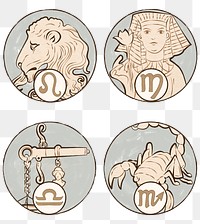 Art nouveau leo, virgo, libra and scorpio zodiac signs png, remixed from the artworks of Alphonse Maria Mucha