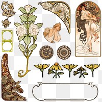 Lady and ornament art nouveau png set, remixed from the artworks of <a href="https://www.rawpixel.com/search/Alphonse%20Maria%20Mucha?sort=curated&amp;page=1">Alphonse Maria Mucha</a>