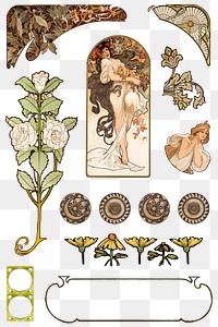 Woman and ornament art nouveau png set, remixed from the artworks of <a href="https://www.rawpixel.com/search/Alphonse%20Maria%20Mucha?sort=curated&amp;page=1">Alphonse Maria Mucha</a>