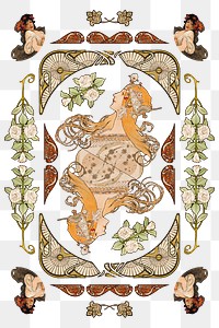 Lady and ornament art nouveau png set, remixed from the artworks of <a href="https://www.rawpixel.com/search/Alphonse%20Maria%20Mucha?sort=curated&amp;page=1">Alphonse Maria Mucha</a>