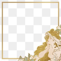 Art nouveau nude lady flower gold frame png, remixed from the artworks of <a href="https://www.rawpixel.com/search/Alphonse%20Maria%20Mucha?sort=curated&amp;page=1">Alphonse Maria Mucha</a>
