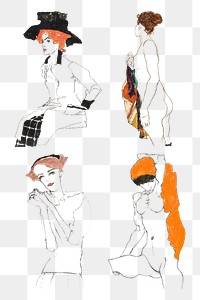 Vintage woman line art drawing png set remixed from the artworks of Egon Schiele.