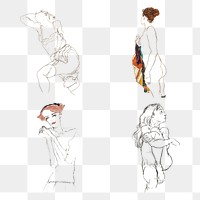 Vintage woman line art drawing png set remixed from the artworks of Egon Schiele.