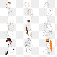 Vintage woman line art drawing png set remixed from the artworks of Egon Schiele.