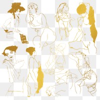 Golden woman line drawing png collection remixed from the artworks of Egon Schiele.