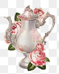 Vintage coffee pot png with flower illustration, remixed from the artwork by Ernest A. Towers, Jr.