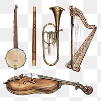 Antique png musical instruments design element set, remixed from public domain collection