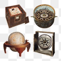 Antique png globe and compass design element set, remixed from public domain collection