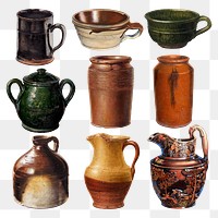 Pottery png jugs and mugs design element set, remixed from public domain collection