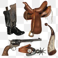 PNG cowboy saddle and accessories design element set, remixed from public domain collection