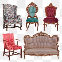 Vintage sofa and chairs png set, remixed from public domain collection
