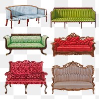 Vintage sofa illustration png set, remixed from public domain collection