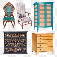 Vintage furniture png illustration set, remixed from public domain collection