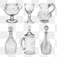 Antique png glassware design element set, remixed from public domain collection