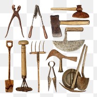 Antique png gardening tools design element set, remixed from public domain collection