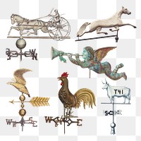 Vintage weather vane illustration png set, remixed from public domain collection