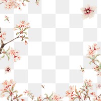 Vintage Japanese png floral frame peach blossoms and hibiscus art print, remix from artworks by Megata Morikaga