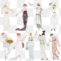 Vintage feminine summer fashion png set, remix from artworks by George Barbier