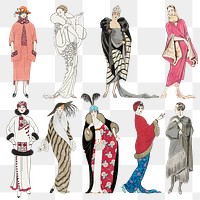 Vintage feminine fashion png set, remix from artworks by George Barbier