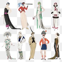 Vintage feminine fashion png 19th century style set, remix from artworks by George Barbier
