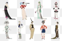 1920s women&#39;s fashion png set, remix from artworks by George Barbier