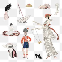 Vintage feminine fashion png set 19th century style, remix from artworks by George Barbier