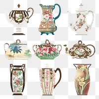 Vintage png floral pattern on tableware design set, remixed from Noritake factory china porcelain design