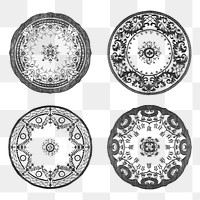 Vintage png black and white mandala motif set, remixed from Noritake factory china porcelain tableware design