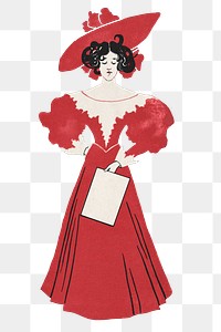 1900's fashion woman png in red dress art print, remix from artworks by Ethel Reed