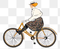 Woman png riding a bicycle art print, remixed from artworks by Edward Penfield