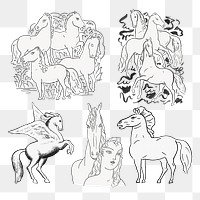 Vintage horse png hand drawn illustration set, remixed from artworks from Leo Gestel