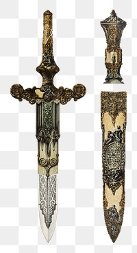 Ancient dagger png transparent sticker, melee weapon with sheath illustration, remix from the artwork of Sir Matthew Digby Wyatt