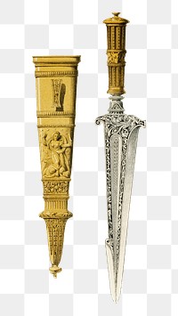 Ancient dagger png transparent sticker, melee weapon with sheath illustration, remix from the artwork of Sir Matthew Digby Wyatt