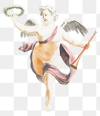 Angel holding wreath and trumpet png sticker vintage drawing