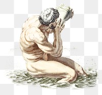 Man blowing shell png sticker vintage illustration