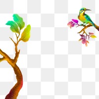 Colorful bird on branch and leaves transparent png