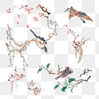 Bird perching on a tree png art print set, remixed from artworks by Hu Zhengyan