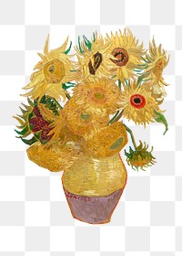 Png Van Gogh-inspired Vase with Twelve Sunflowers sticker, famous flower artwork on transparent background