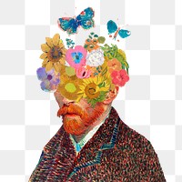 Png Vincent van Gogh-inspired surreal self-portrait & flower remixed collage artwork, abstract illustration on transparent background